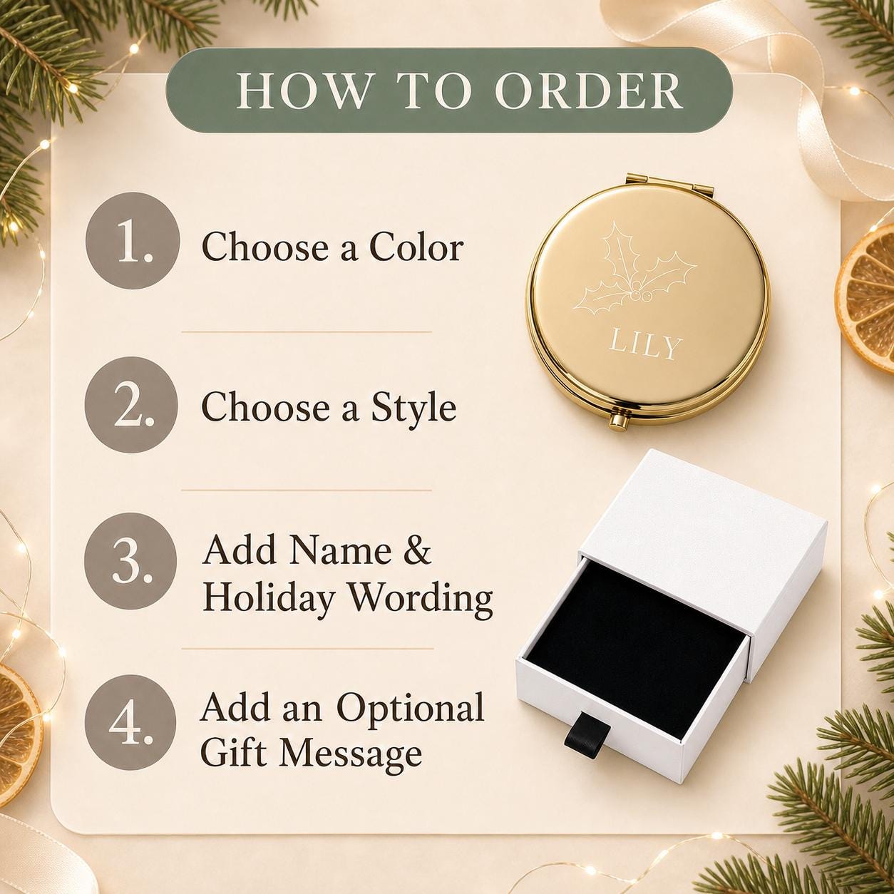 How to order a personalized Christmas Daughter Niece or Tween compact mirror with color style wording and gift message