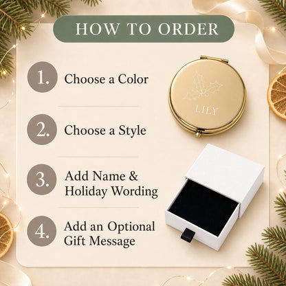How to order a personalized Christmas Daughter Niece or Tween compact mirror with color style wording and gift message