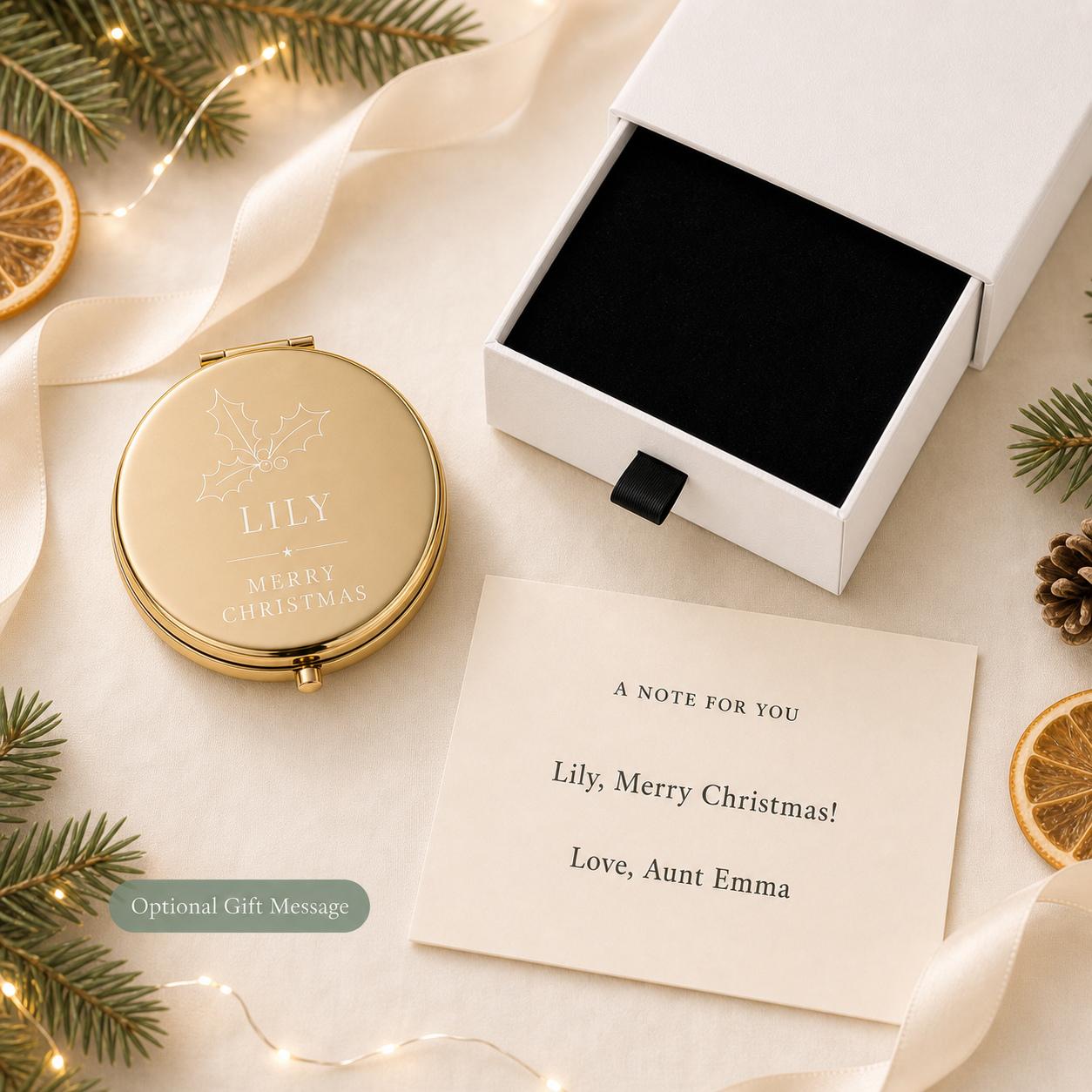 Christmas Daughter Niece or Tween personalized compact mirror with occasion-specific printed gift message and flat black box insert