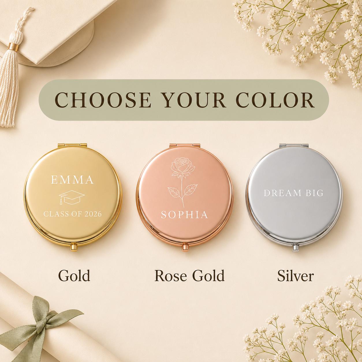 Choose gold rose gold or silver for a personalized Graduation Class of 2026 pocket mirror