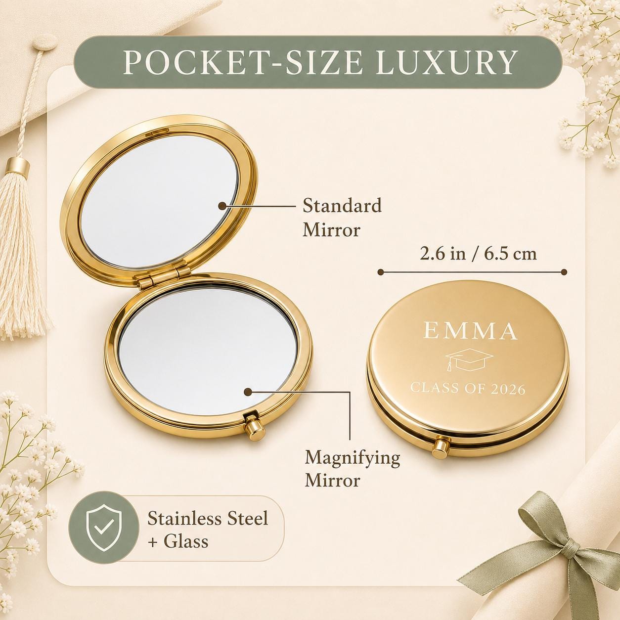 Graduation Class of 2026 2.6 inch dual compact mirror with standard and magnifying mirrors
