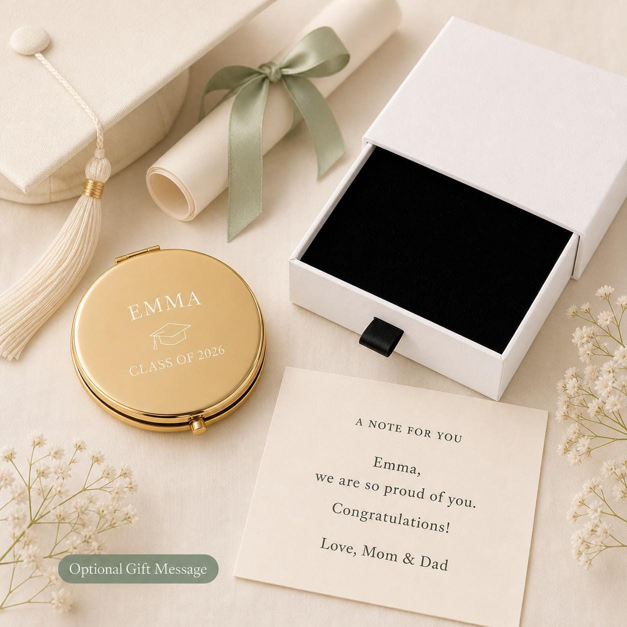 Graduation Class of 2026 personalized compact mirror with occasion-specific printed gift message and flat black box insert