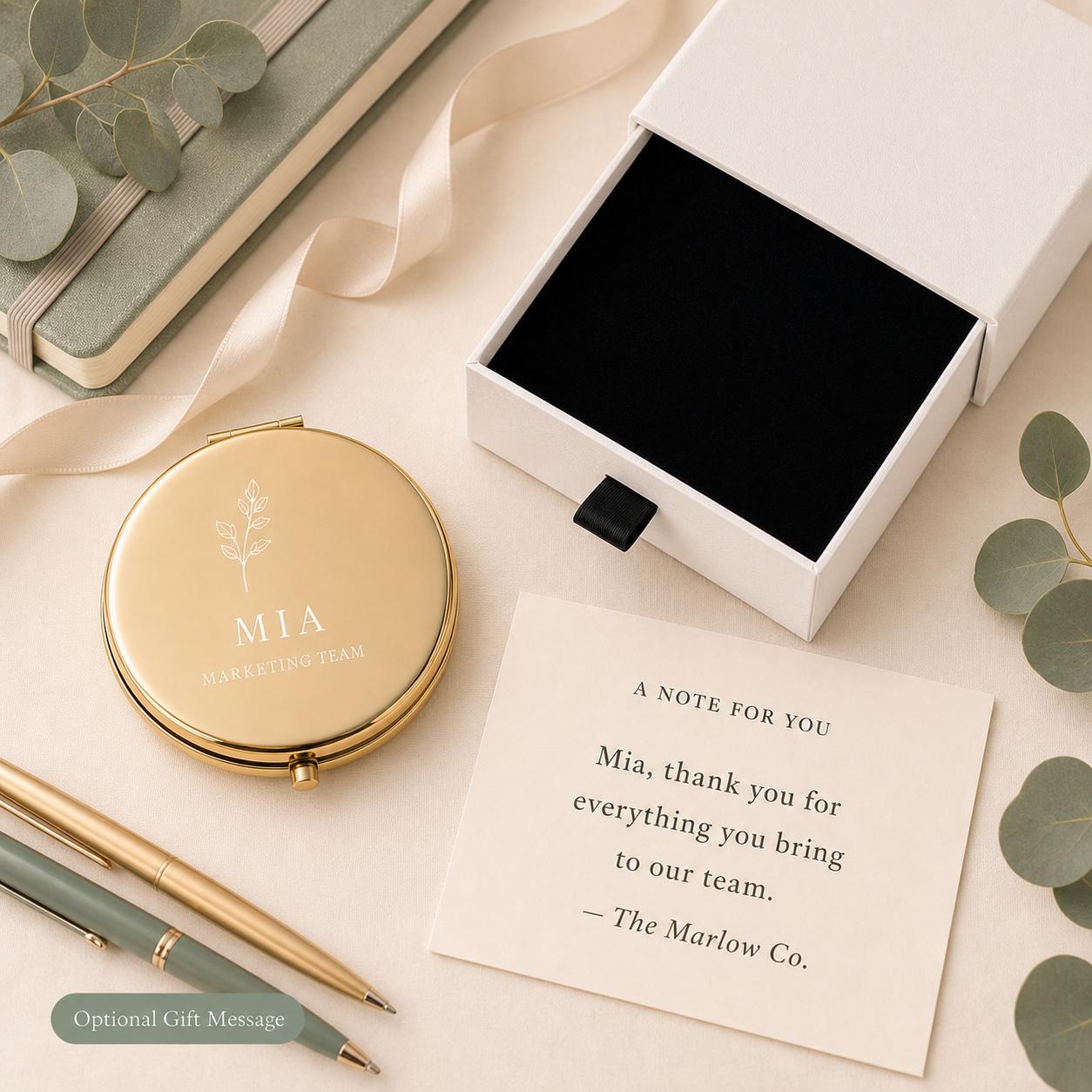 Team or Staff Appreciation personalized compact mirror with occasion-specific printed gift message and flat black box insert
