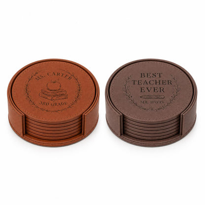 Six personalized teacher leather coasters in Saddle Tan and Walnut