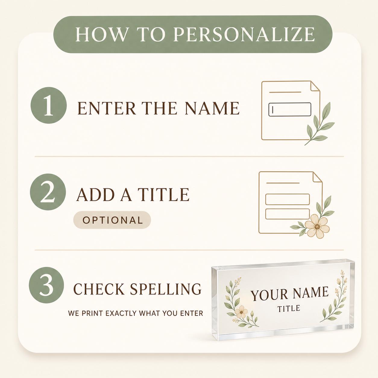 Art Teacher nameplate personalization instructions for entering a name and optional title
