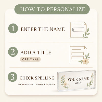 Art Teacher nameplate personalization instructions for entering a name and optional title