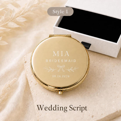 Style 1 classic script bridesmaid compact mirror with a white gift box and black pull tab