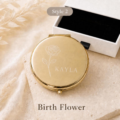 Style 2 birth flower bridesmaid compact mirror with a white gift box and black pull tab