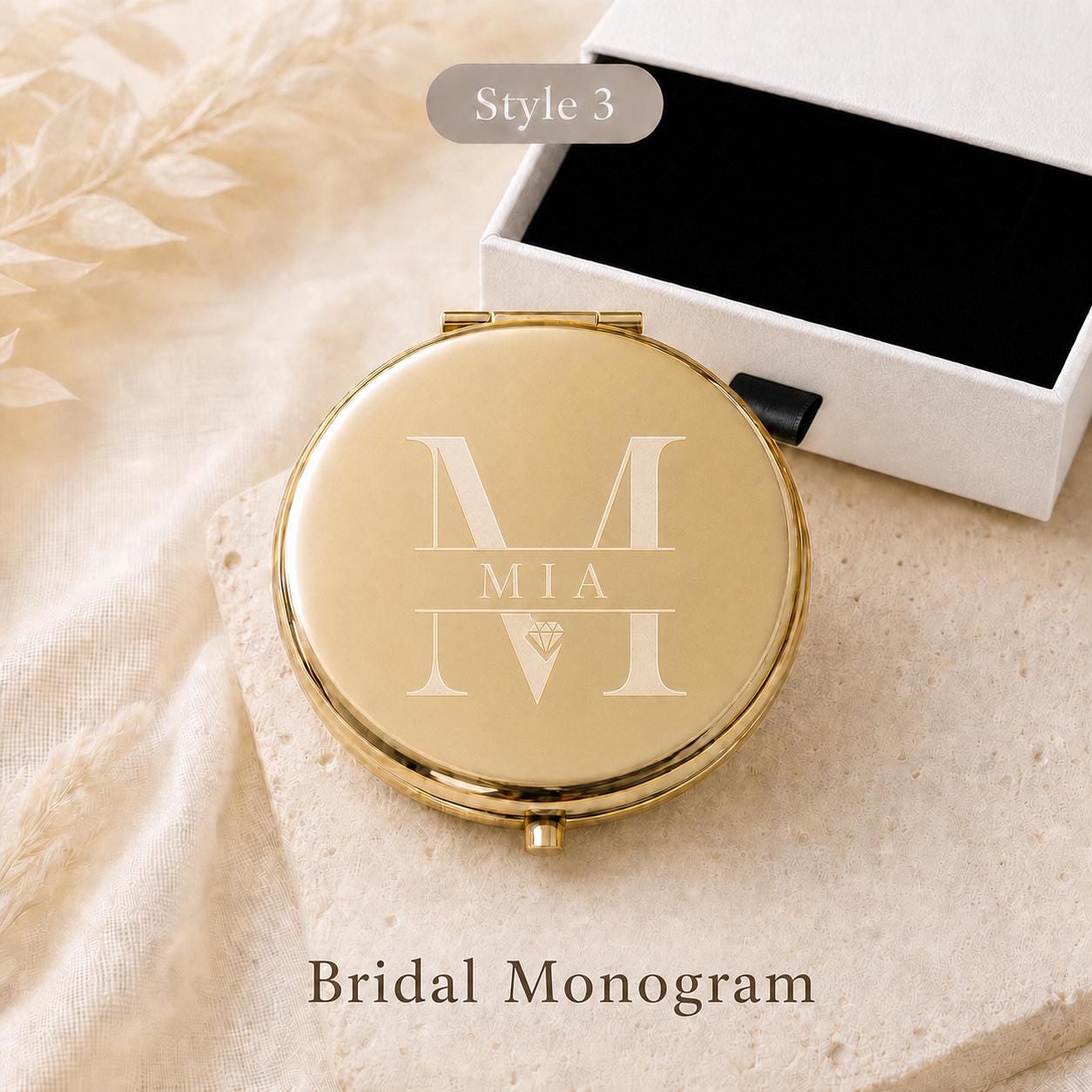 Style 3 modern monogram bridesmaid compact mirror with a white gift box and black pull tab