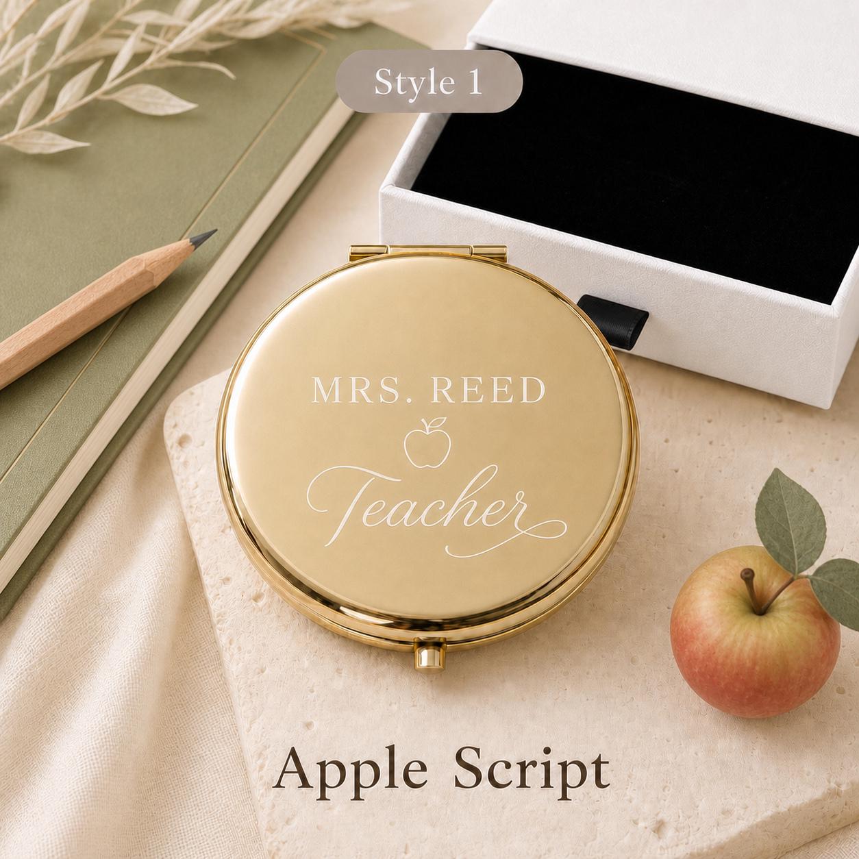 Style 1 classic script compact mirror with a white gift box and black pull tab