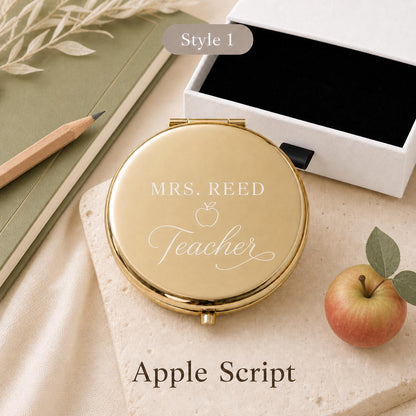 Style 1 classic script compact mirror with a white gift box and black pull tab