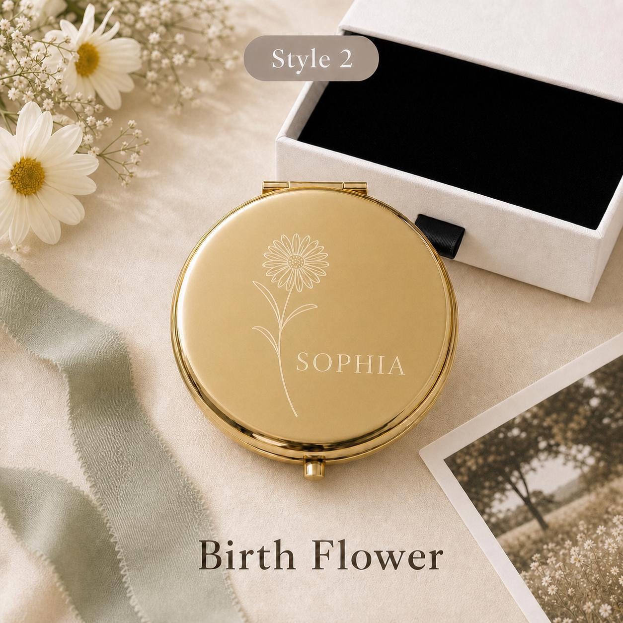 Style 2 Birth Flower compact mirror personalized for Daughter Granddaughter or Niece
