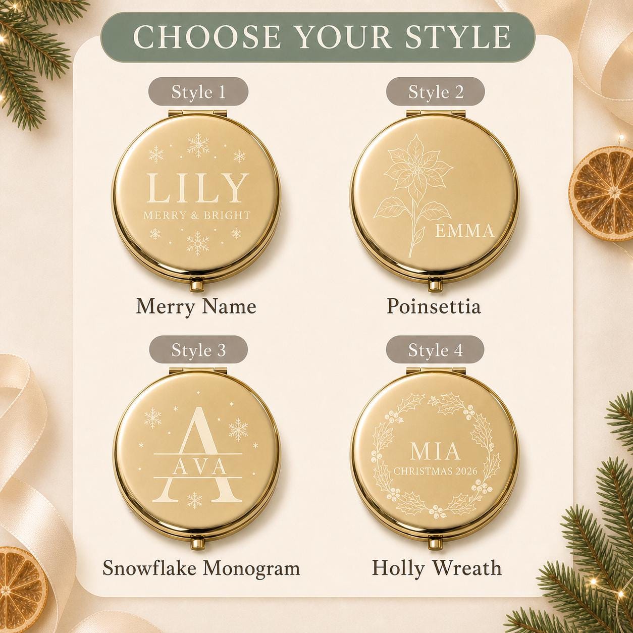 Choose Occasion Script Birth Flower Modern Monogram or Botanical Wreath for a personalized Christmas Daughter Niece or Tween compact mirror