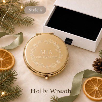 Style 4 Botanical Wreath compact mirror personalized for Christmas Daughter Niece or Tween