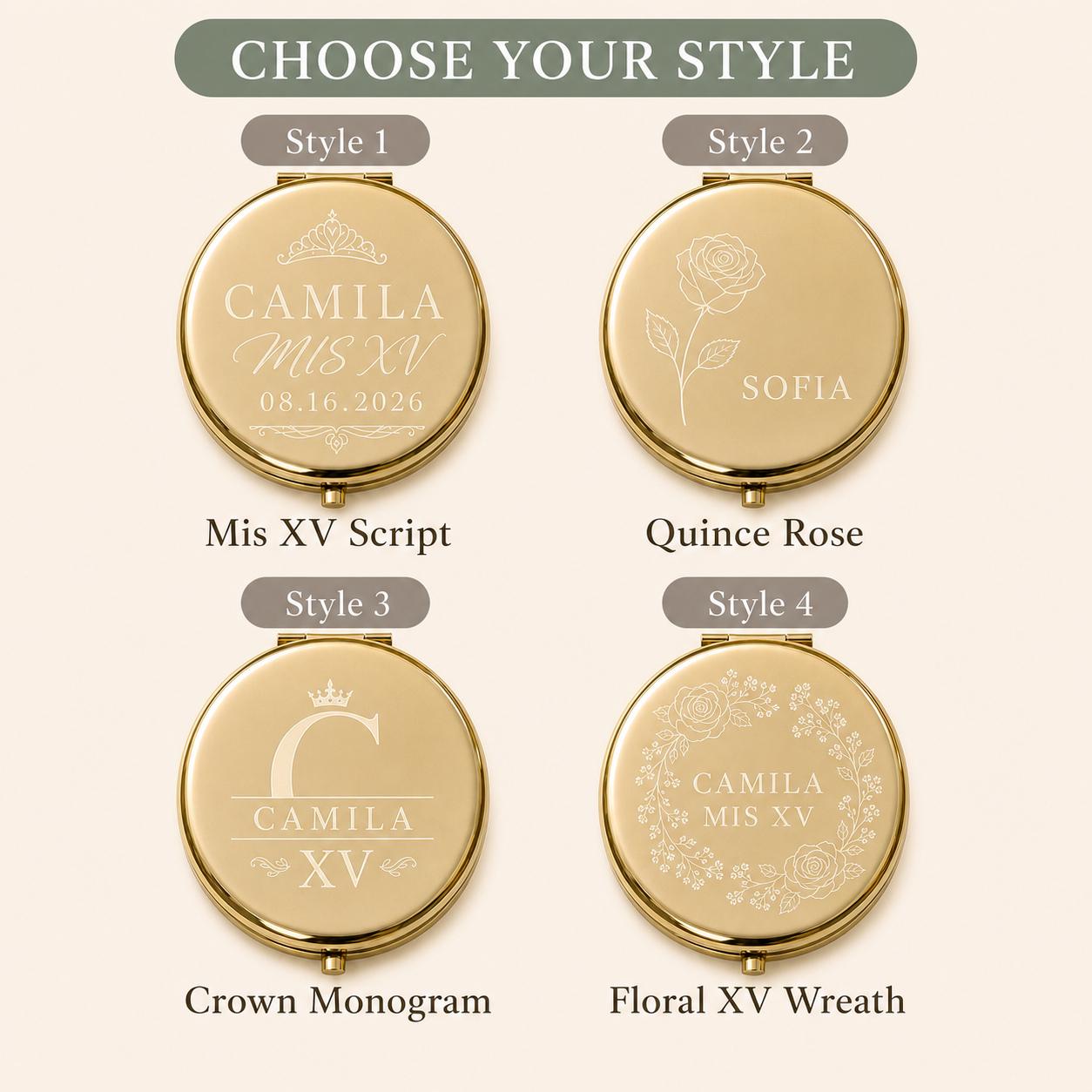 Choose Occasion Script Birth Flower Modern Monogram or Botanical Wreath for a personalized Quinceanera Sweet 15 Favors compact mirror