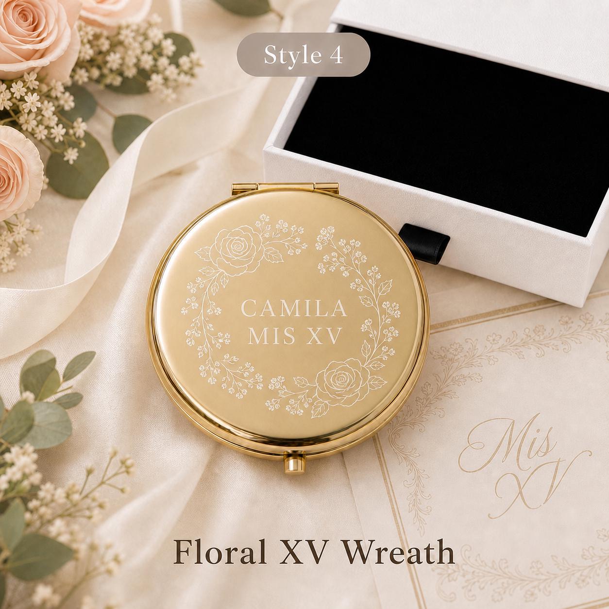 Style 4 Botanical Wreath compact mirror personalized for Quinceanera Sweet 15 Favors