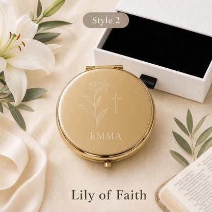 Style 2 Birth Flower compact mirror personalized for Christian Scripture or First Communion