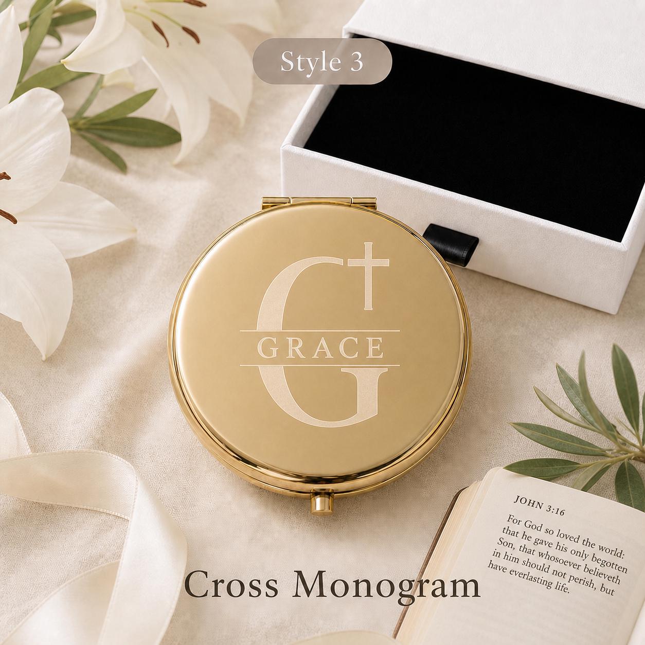 Style 3 Modern Monogram compact mirror personalized for Christian Scripture or First Communion