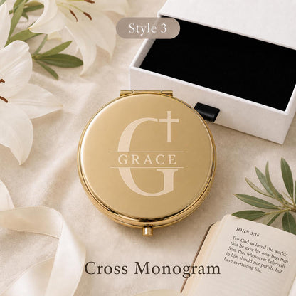 Style 3 Modern Monogram compact mirror personalized for Christian Scripture or First Communion