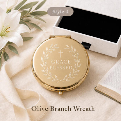 Style 4 Botanical Wreath compact mirror personalized for Christian Scripture or First Communion