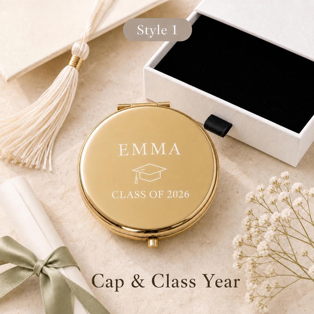 Style 1 Occasion Script compact mirror personalized for Graduation Class of 2026