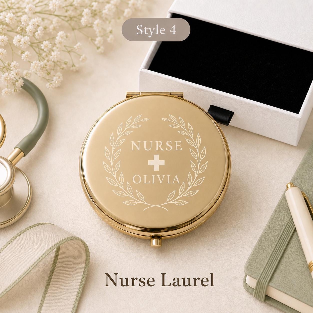 Style 4 Botanical Wreath compact mirror personalized for Nurse Appreciation or Nursing Graduation