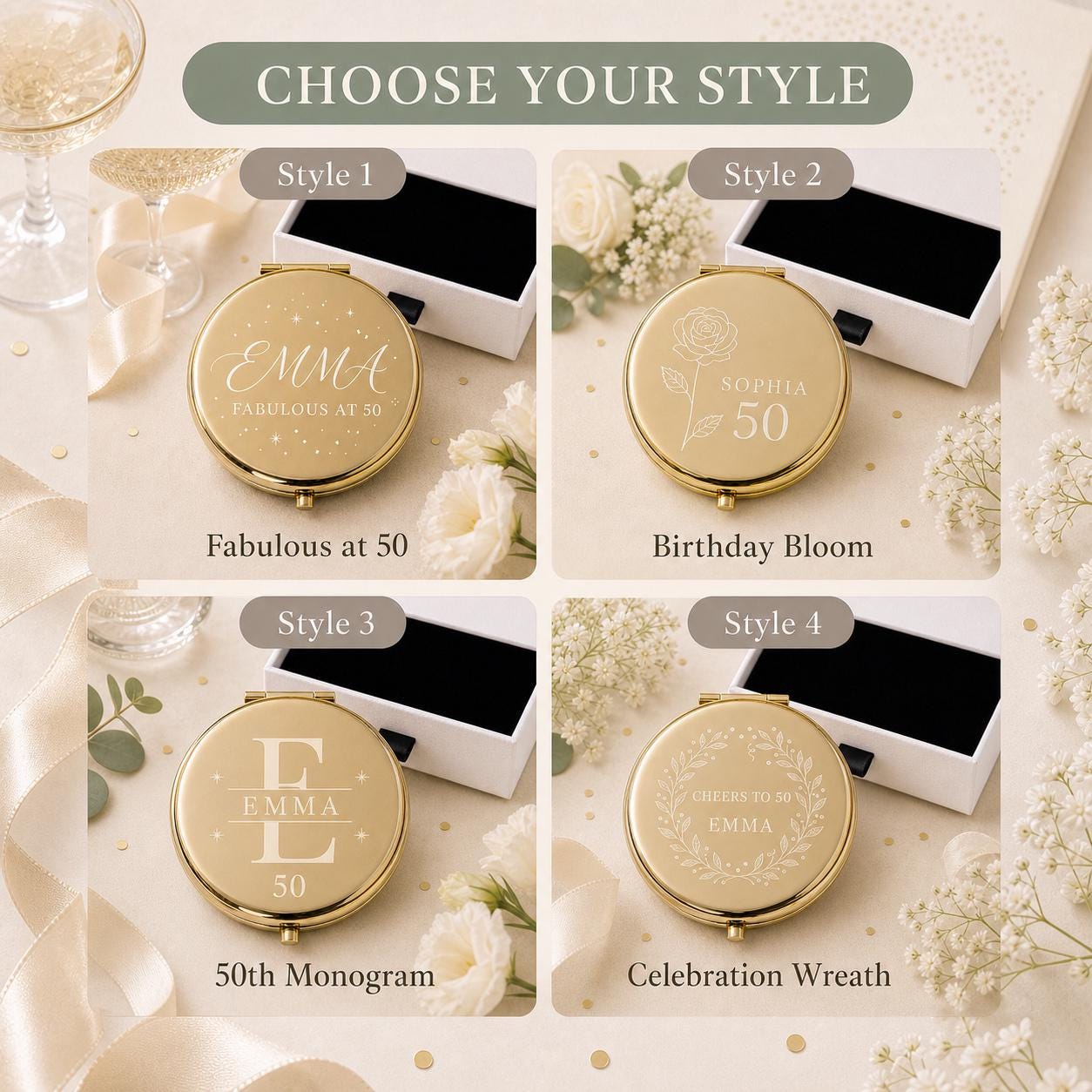 Choose Occasion Script Birth Flower Modern Monogram or Botanical Wreath for a personalized Milestone Birthday compact mirror