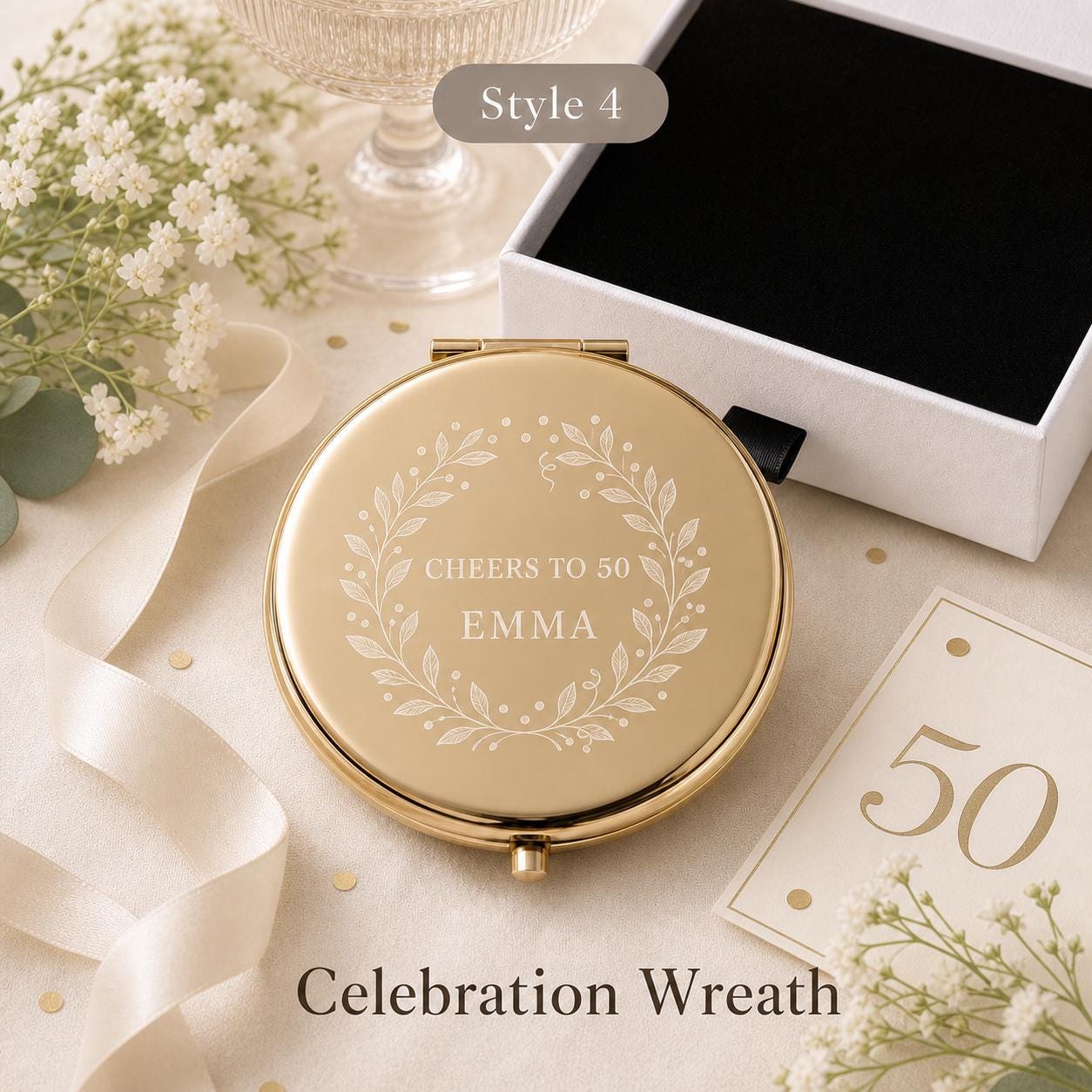 Style 4 Botanical Wreath compact mirror personalized for Milestone Birthday