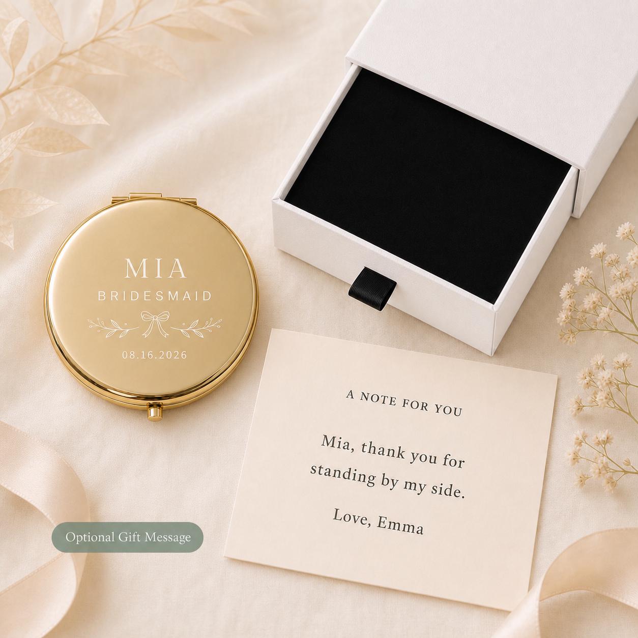 Personalized compact mirror with gift message and white presentation box with black pull tab