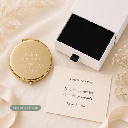 Personalized compact mirror with gift message and white presentation box with black pull tab