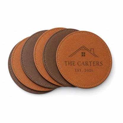 Six personalized new home leather coasters in Saddle Tan and Walnut