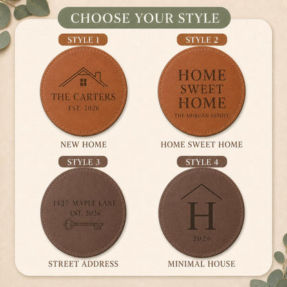 Four engraving styles for new home leather coasters
