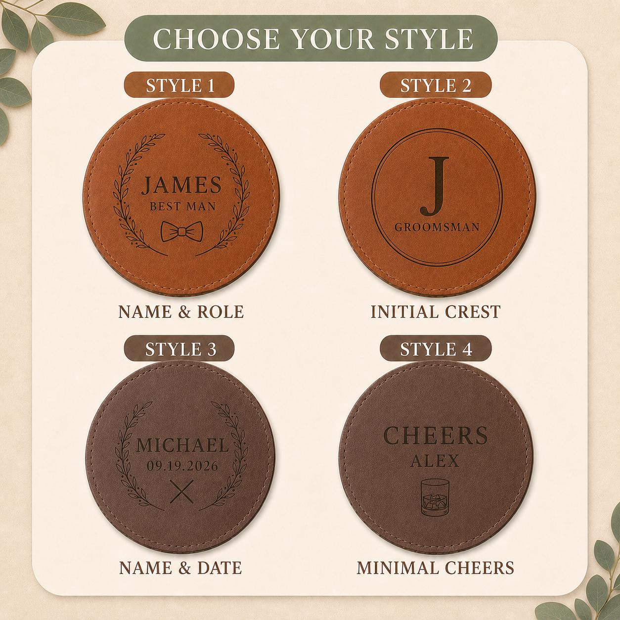 Four engraving styles for groomsmen leather coasters