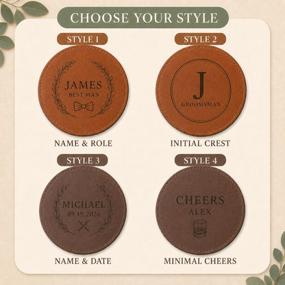 Four engraving styles for groomsmen leather coasters