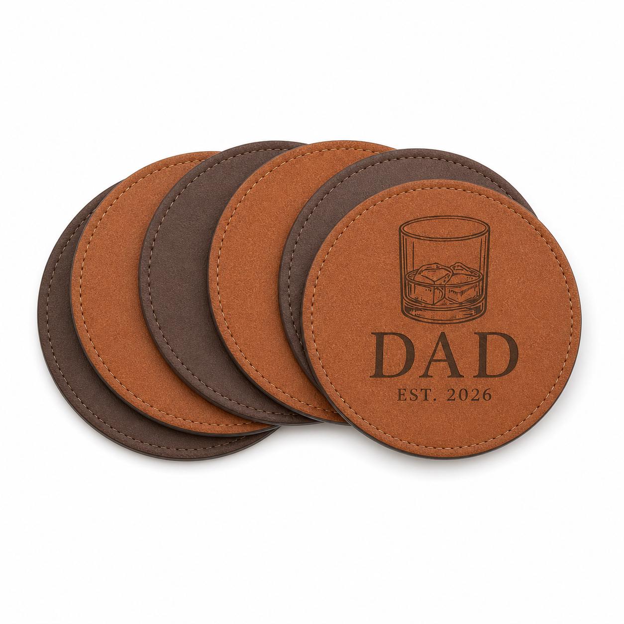 Six personalized leather coasters for dad in Saddle Tan and Walnut