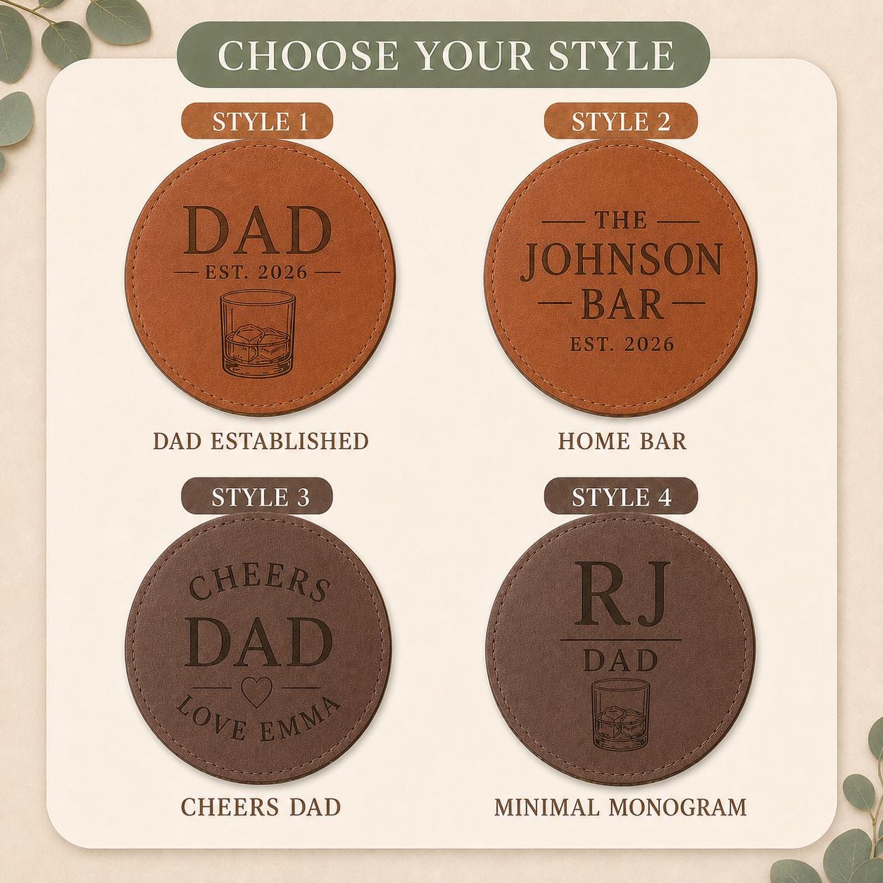 Four engraving styles for leather coasters for dad