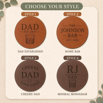 Four engraving styles for leather coasters for dad