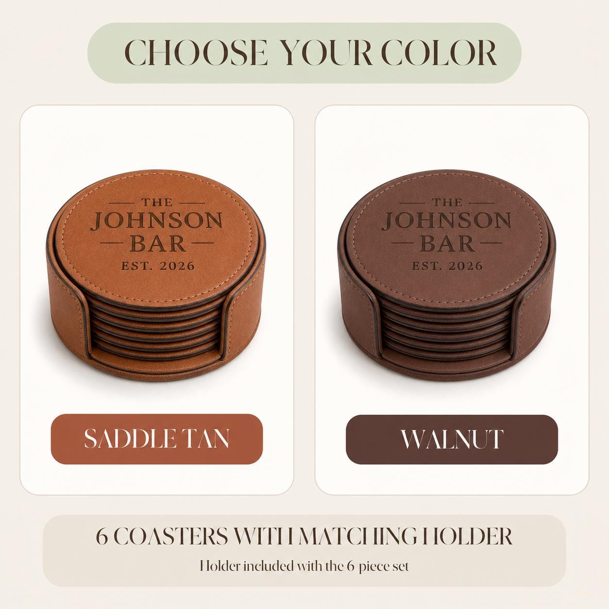Saddle Tan and Walnut color options for leather coasters for dad