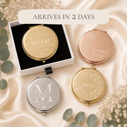 Mother of the Bride or Groom personalized compact mirrors in gold rose gold and silver with matte white gift box and flat black velvet insert