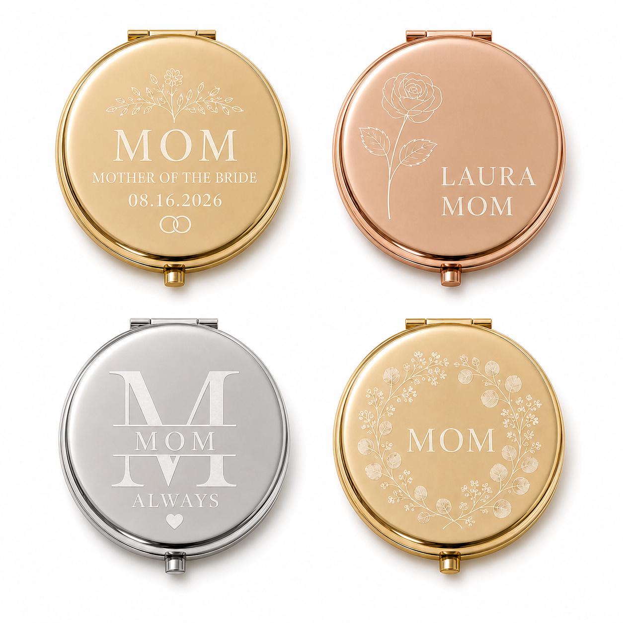 Mother of the Bride or Groom personalized compact mirror overview with dual mirrors and flat black velvet presentation box insert
