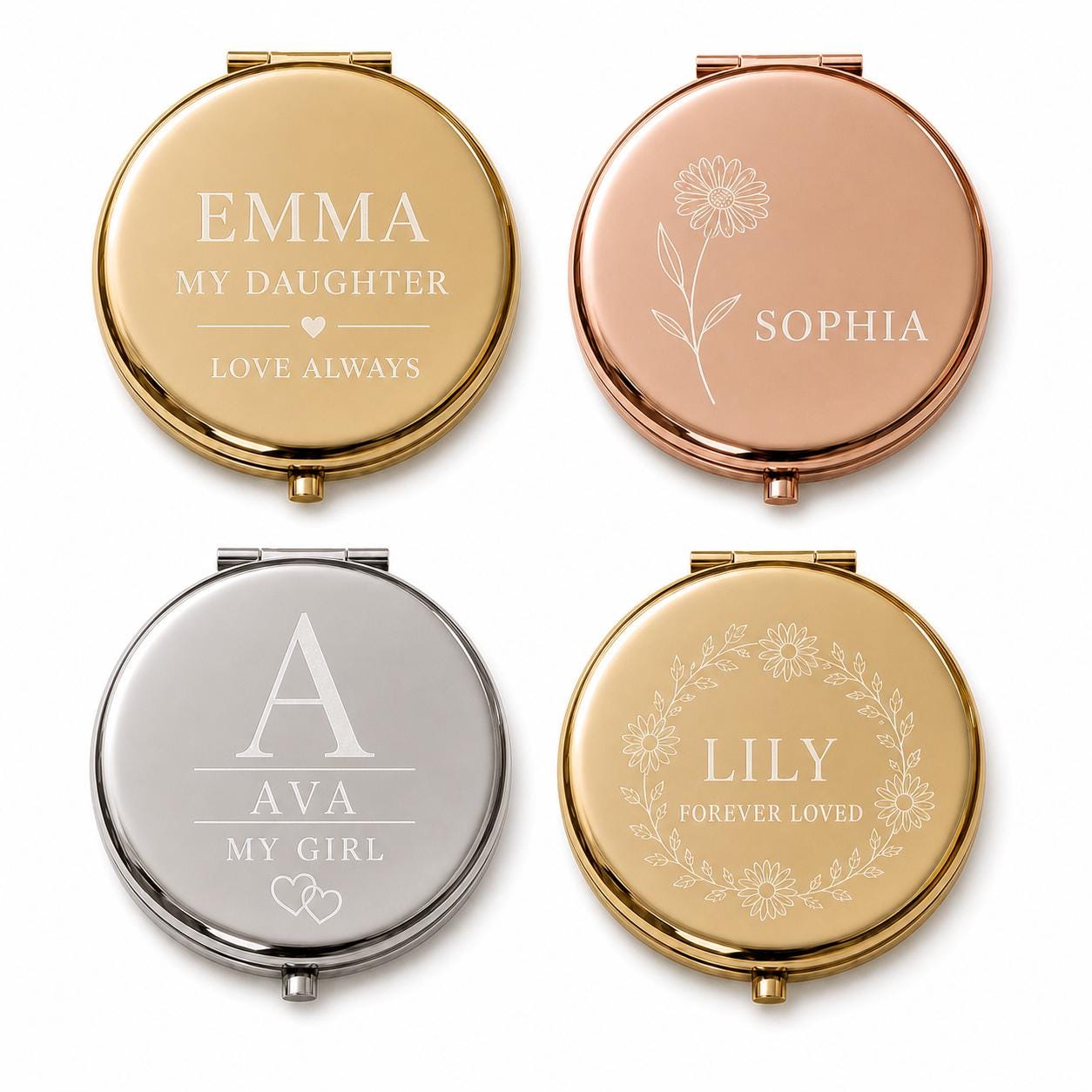 Daughter Granddaughter or Niece personalized compact mirror overview with dual mirrors and flat black velvet presentation box insert
