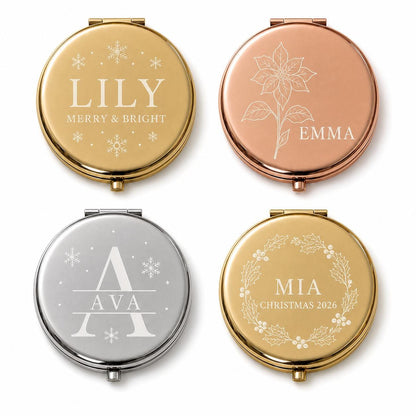 Christmas Daughter Niece or Tween personalized compact mirror overview with dual mirrors and flat black velvet presentation box insert