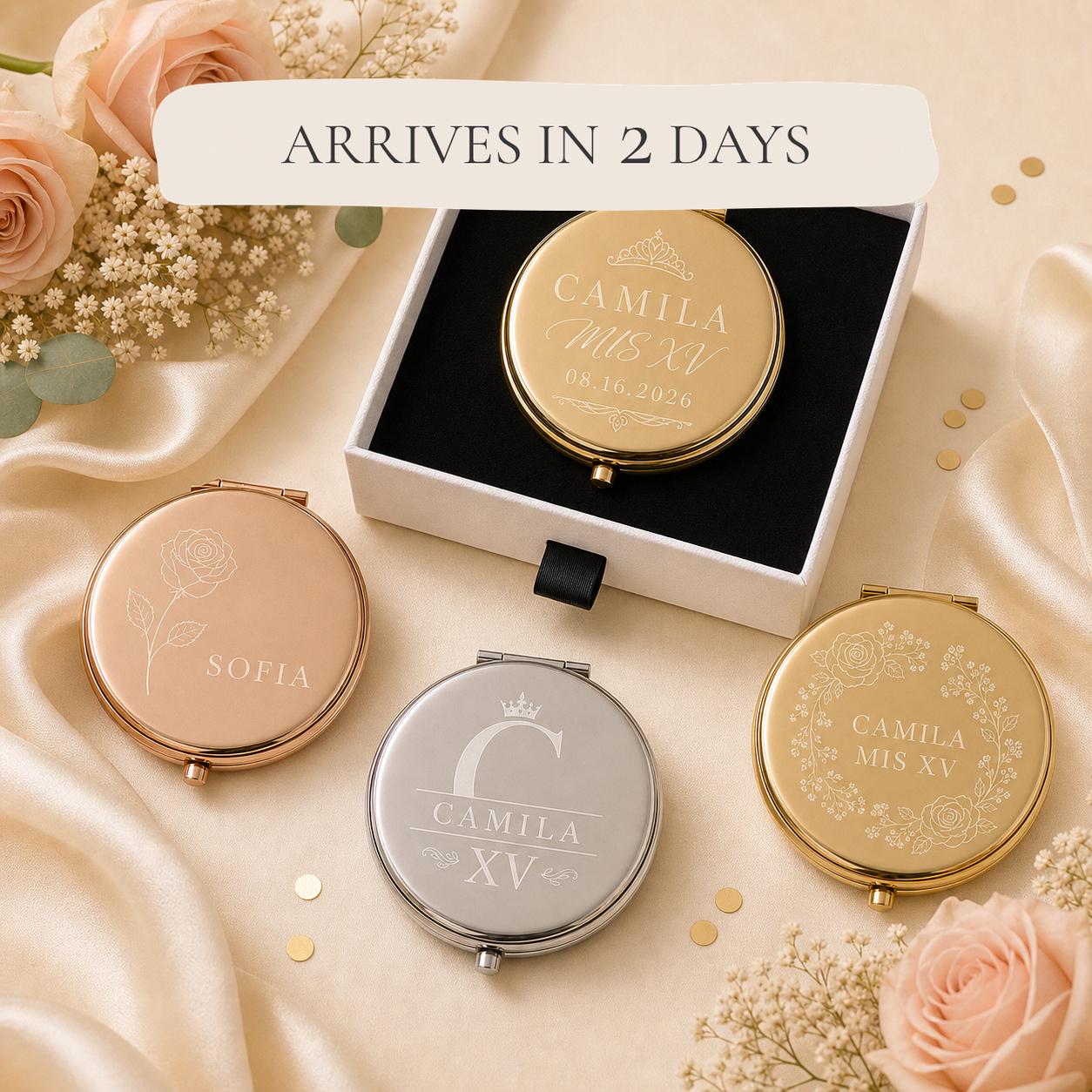 Quinceanera Sweet 15 Favors personalized compact mirrors in gold rose gold and silver with matte white gift box and flat black velvet insert