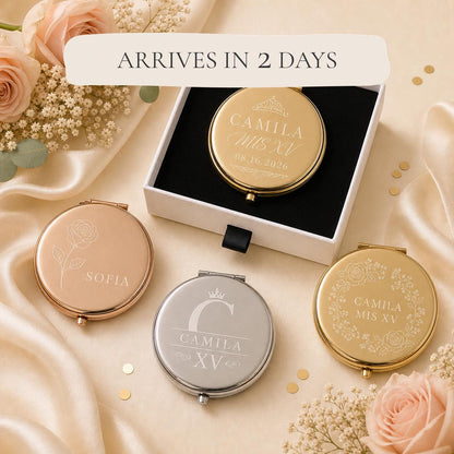 Quinceanera Sweet 15 Favors personalized compact mirrors in gold rose gold and silver with matte white gift box and flat black velvet insert