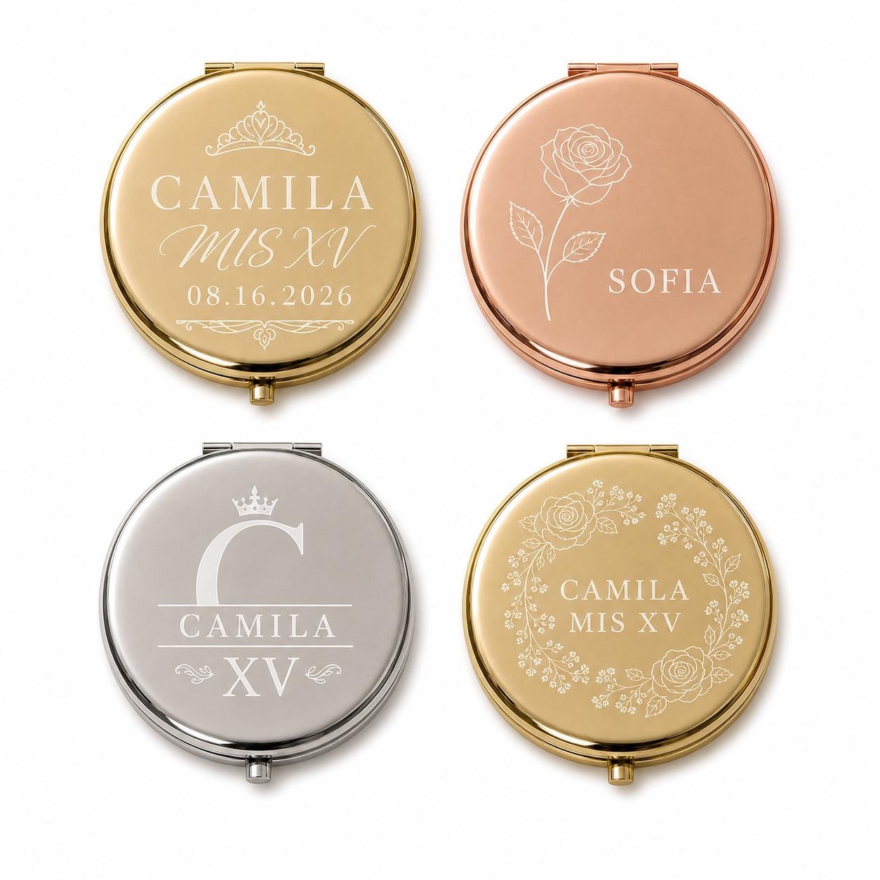 Quinceanera Sweet 15 Favors personalized compact mirror overview with dual mirrors and flat black velvet presentation box insert