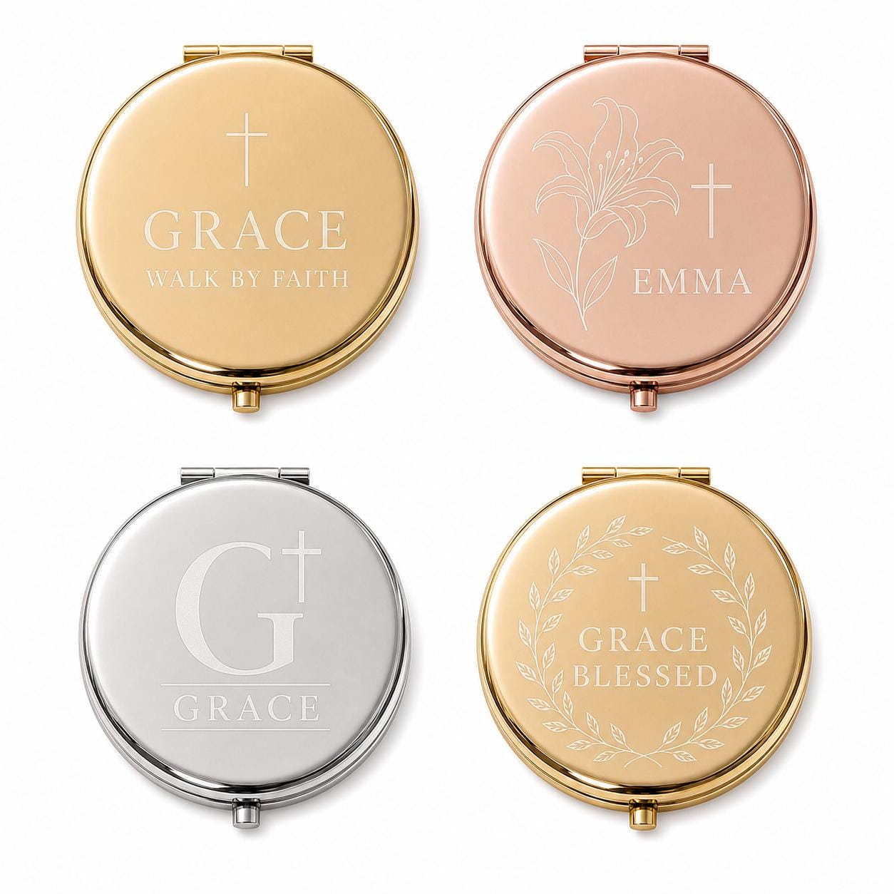 Christian Scripture or First Communion personalized compact mirror overview with dual mirrors and flat black velvet presentation box insert
