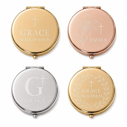 Christian Scripture or First Communion personalized compact mirror overview with dual mirrors and flat black velvet presentation box insert