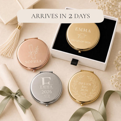 Graduation Class of 2026 personalized compact mirrors in gold rose gold and silver with matte white gift box and flat black velvet insert