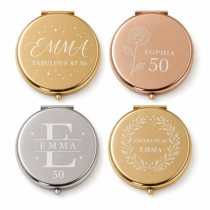 Milestone Birthday personalized compact mirror overview with dual mirrors and flat black velvet presentation box insert