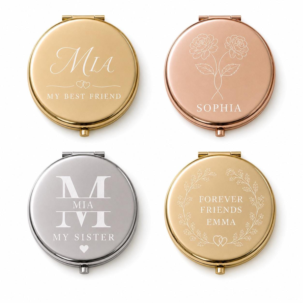 Best Friend Sister or Chosen Family personalized compact mirror overview with dual mirrors and flat black velvet presentation box insert